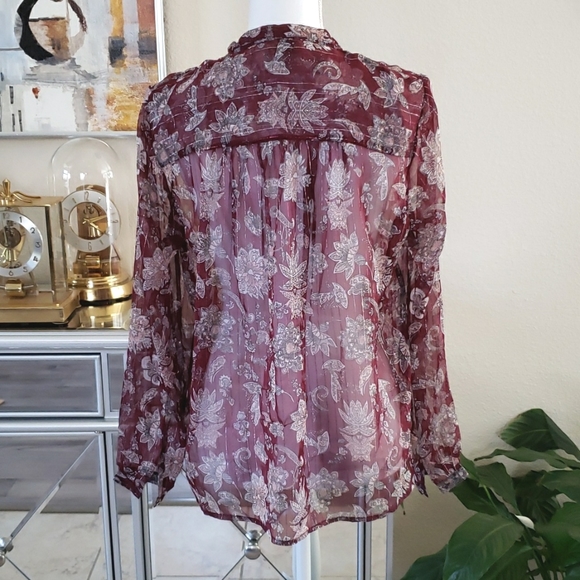 Lucky Brand India Print Boho Top M/L Burgundy Silver - Picture 3 of 5